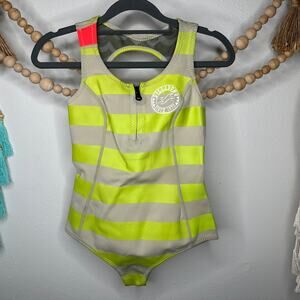 Billabong Neon Tan Stripe Zip One Piece Swimsuit